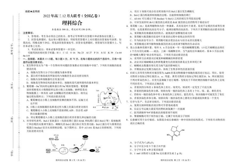 理科综合-2022年高三12月大联考（全国乙卷）（考试版）_05高考化学_高考模拟题_全国课标版_学科网2022年高三12月大联考（全国乙卷）理综_学科网2022年高三12月大联考（全国乙卷）理综