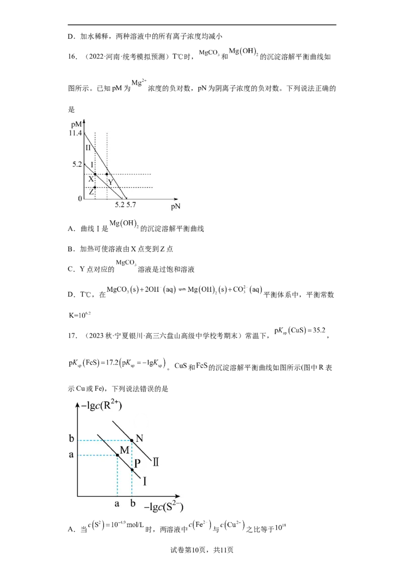 专题十六沉淀溶解平衡（专练）-冲刺2023年高考化学二轮复习核心考点逐项突破（原卷版）_05高考化学_新高考复习资料_2023年新高考资料_二轮复习