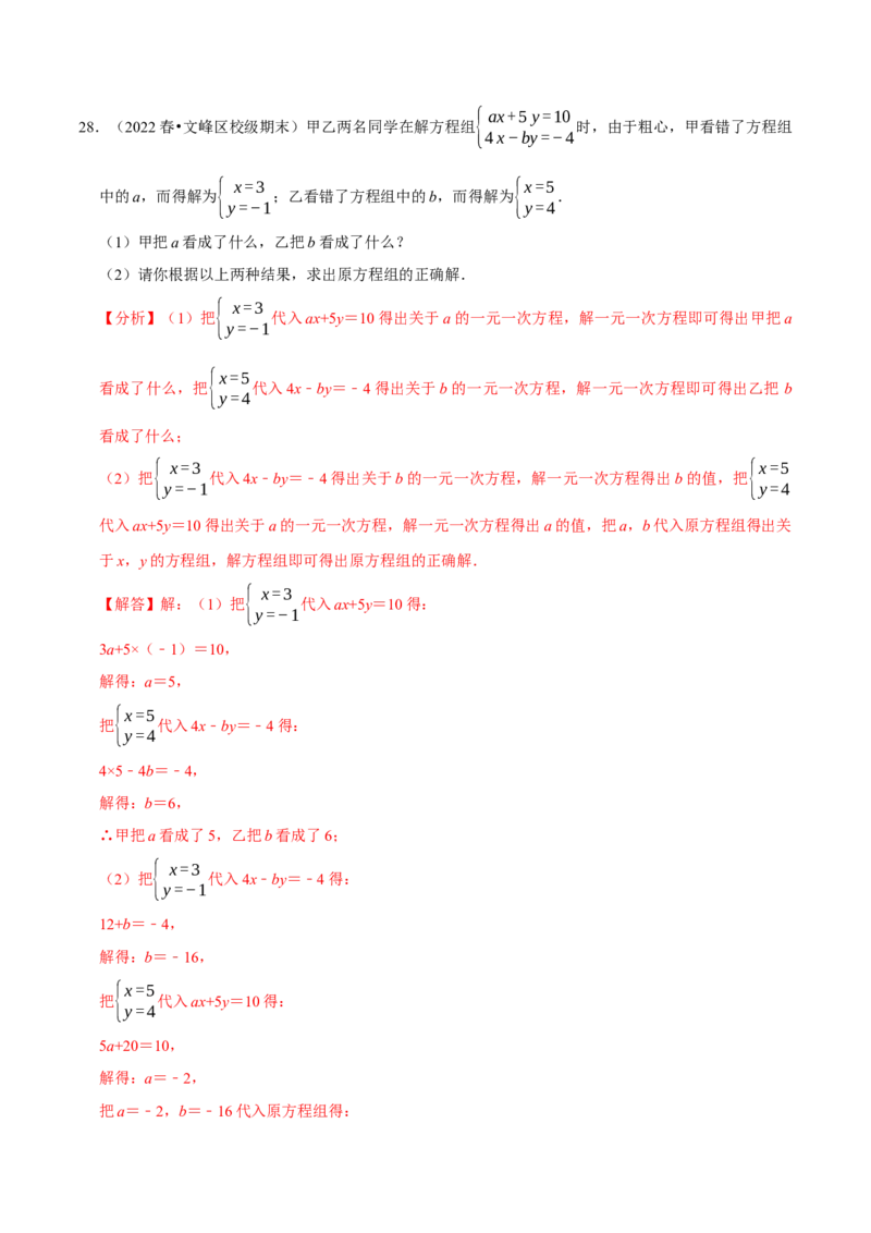 专题8.6二元一次方程组与字母参数问题大题专练（重难点培优30题，七下人教）-拔尖特训2023培优（解析版）人教版_初中数学人教版_7下-初中数学人教版_07专项讲练
