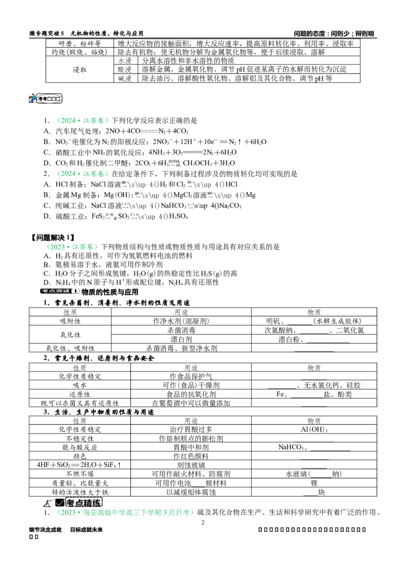 微专题突破5无机物的性质、转化与应用（学案）（学生版）_05高考化学_2025年新高考资料_二轮复习_2025年高考化学二轮复习重点微专题突破学案（新高考专用）3419182