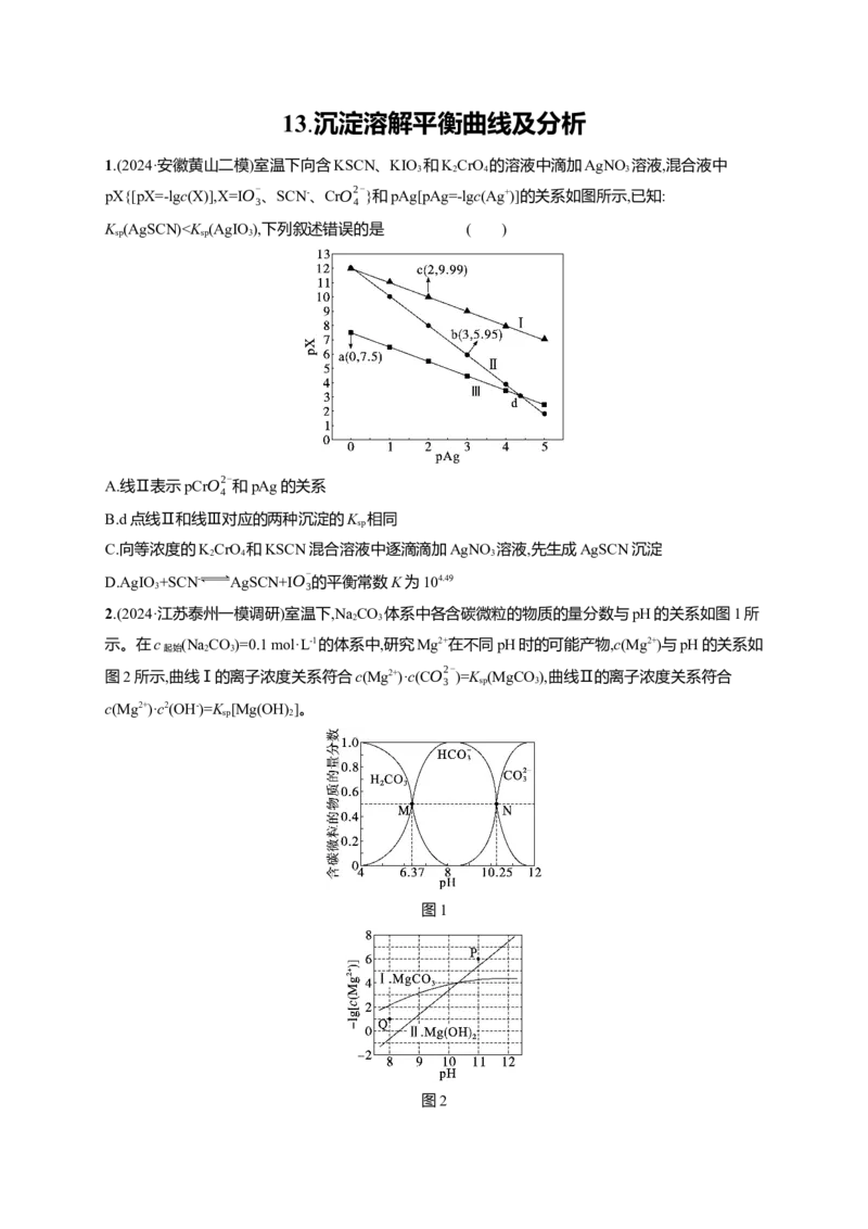 备战2025年高考二轮复习化学（通用版）选择题热点练13.沉淀溶解平衡曲线及分析Word版含解析_05高考化学_2025年新高考资料_二轮复习_备战2025年高考化学二轮复习题型突破练习（含解析）