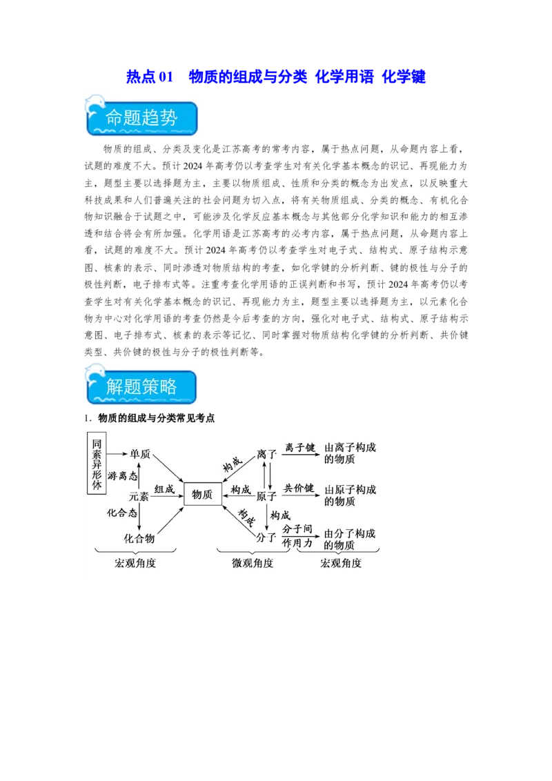 热点01物质的组成与分类化学用语化学键（原卷版）_05高考化学_2024年新高考资料_3.2024专项复习_2024年高考化学热点&middot;重点&middot;难点专练（江苏专用）