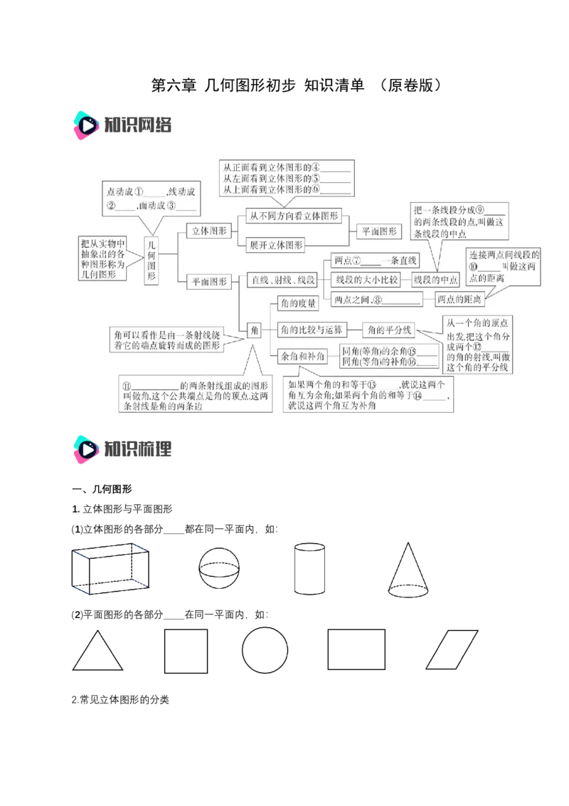 第六章几何图形初步知识清单（原卷版）_初中数学人教版_7上-初中数学人教版_7上-初中数学人教版（新版）_11知识点_（24秋季新教材）第6章几何图形初步（知识清单）