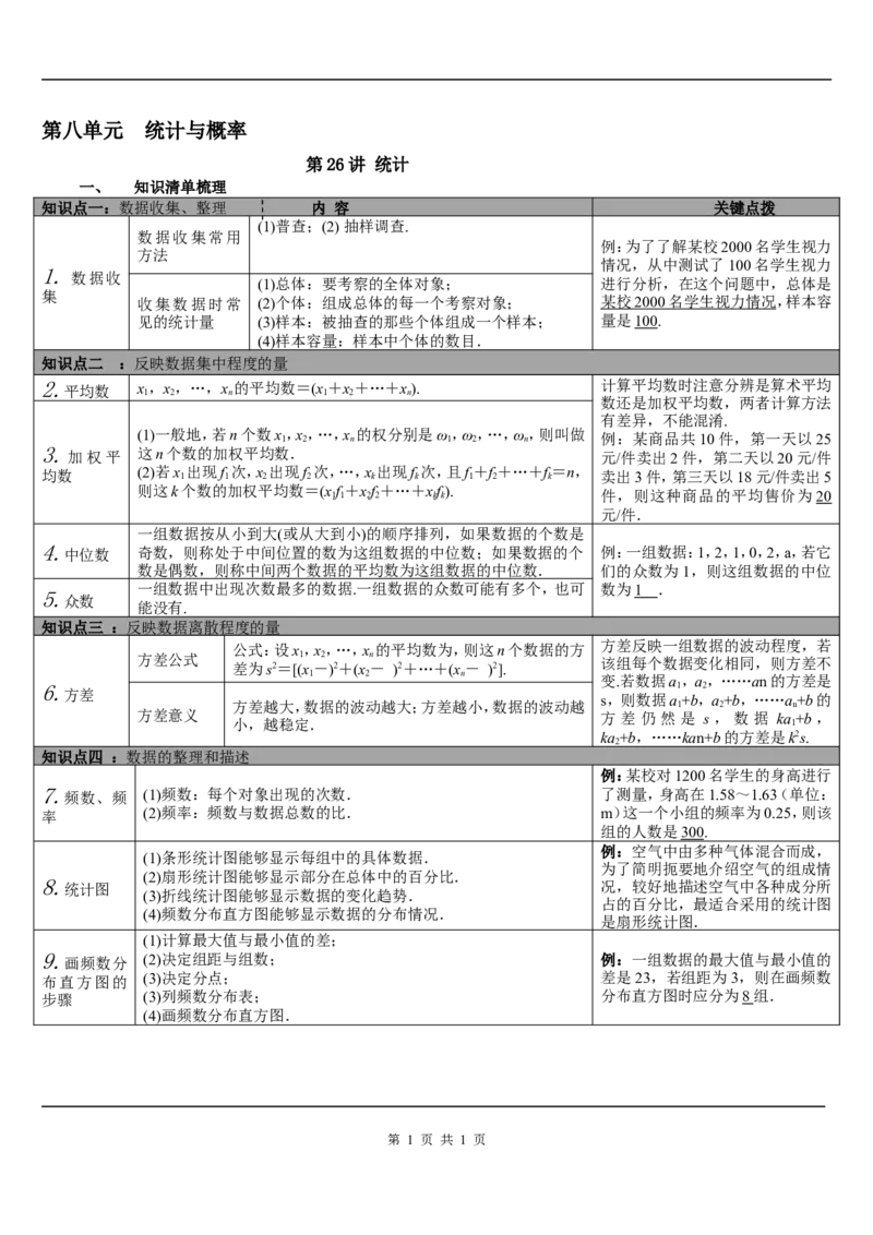 第26讲统计_初中数学人教版_9下-初中数学人教版_08知识点_中考知识点梳理（通用）_第八单元统计与概率