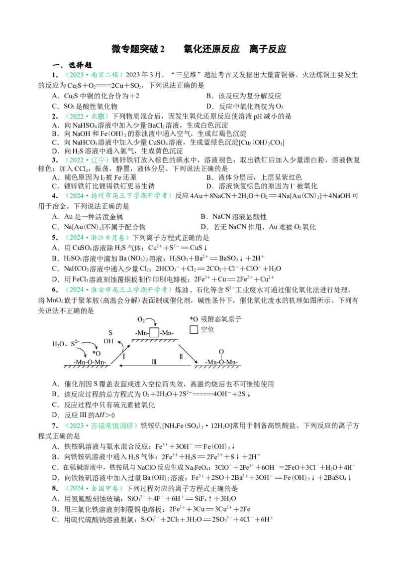 微专题突破02氧化还原反应离子反应（作业01）（学生版）_05高考化学_2025年新高考资料_二轮复习_2025年高考化学二轮复习重点微专题突破学案（新高考专用）3419182