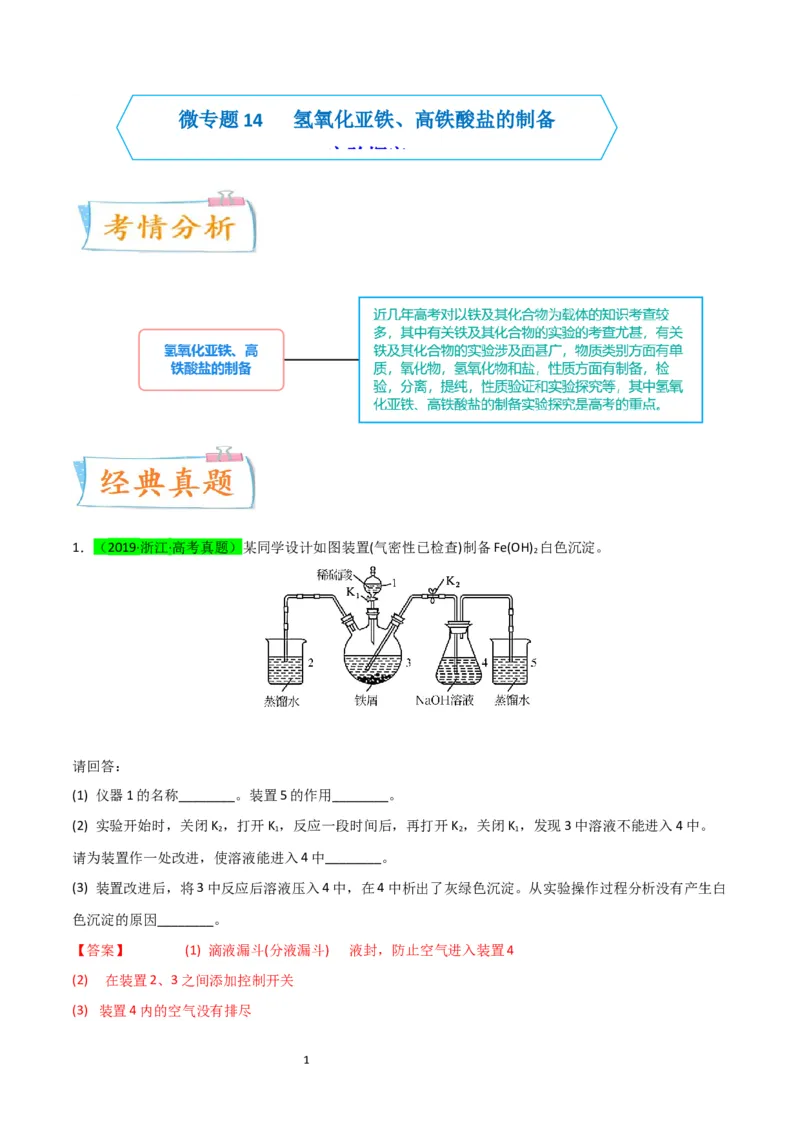 升级版微专题14氢氧化亚铁、高铁酸盐的制备实验探究（解析版）(全国版)_05高考化学_新高考复习资料_2024年新高考资料_一轮复习资料_备战2024年高考化学一轮复习考点微专题