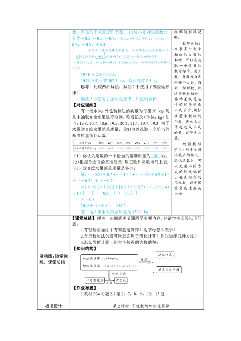素养目标2.1.1.2有理数的加法运算律教案（表格式）2024-2025学年人教版数学上册_初中数学人教版_7上-初中数学人教版_7上-初中数学人教版（新版）_04教案