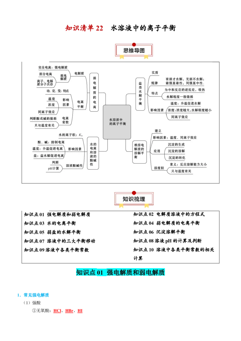 知识清单22++水溶液中的离子平衡-口袋书2024年高考化学一轮复习知识清单_05高考化学_2024年新高考资料_1.2024一轮复习_2024年高考化学一轮复习知识清单