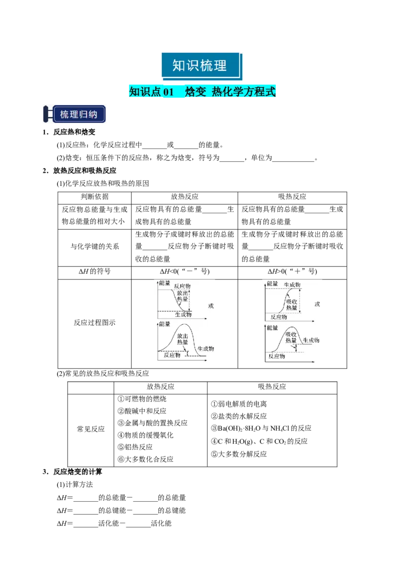 知识清单17化学反应的热效应-上好课2025年高考化学一轮复习知识清单（新高考专用）（原卷版）_05高考化学_2025年新高考资料_一轮复习