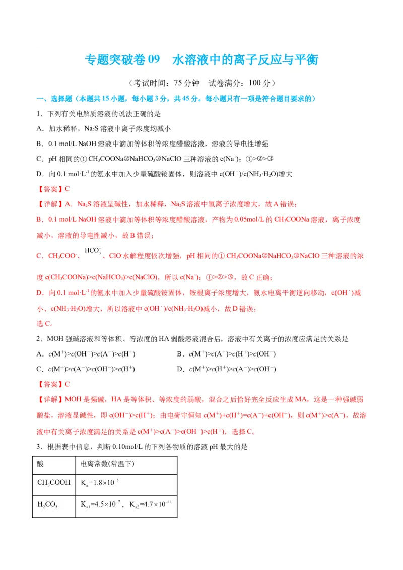 专题突破卷09水溶液中的离子反应与平衡-2024年高考化学一轮复习考点通关卷（新教材新高考）（解析版）_05高考化学_2024年新高考资料_1.2024一轮复习