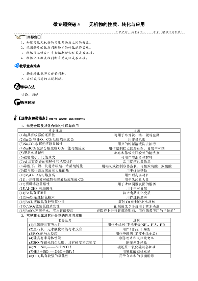 微专题突破5无机物的性质、转化与应用（学案）（教师版）_05高考化学_2025年新高考资料_二轮复习_2025年高考化学二轮复习重点微专题突破学案（新高考专用）3419182