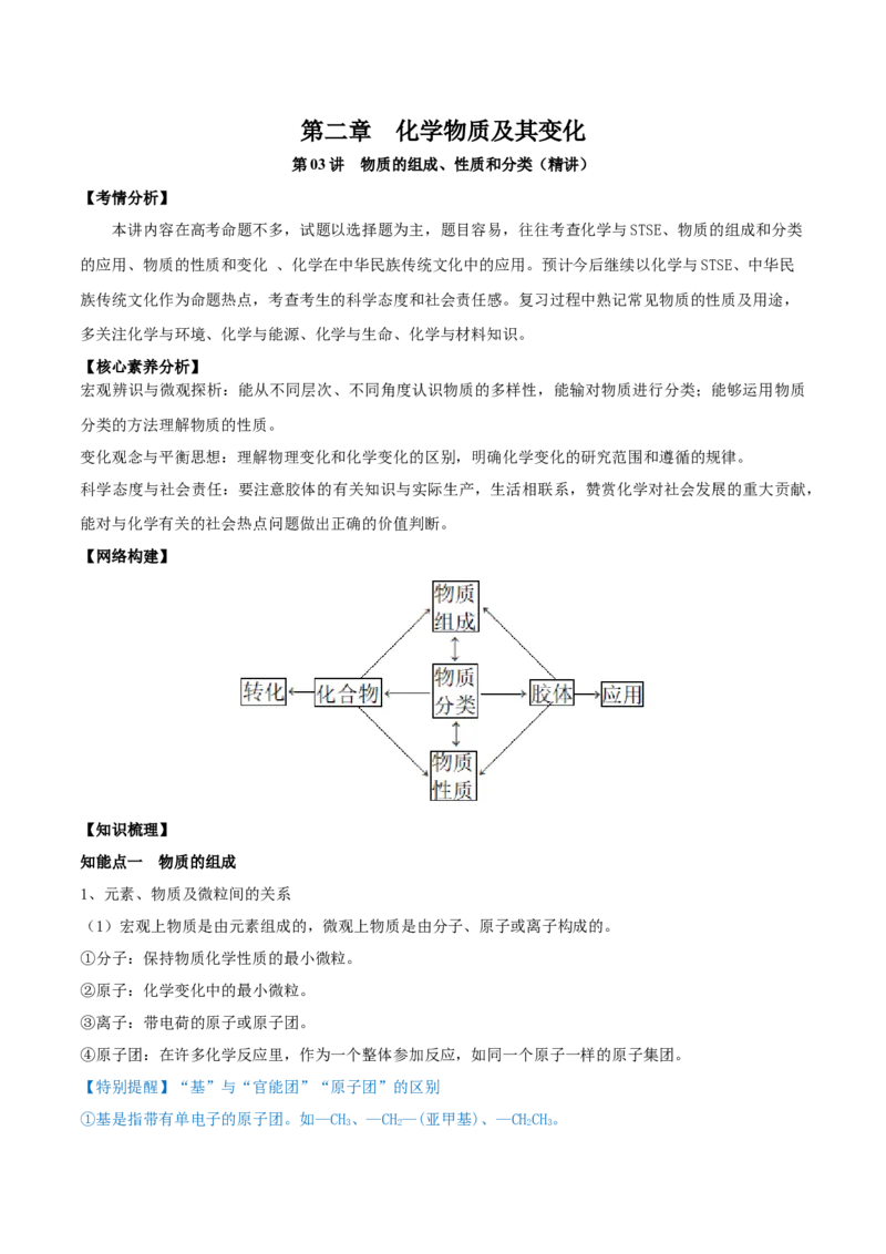 第03讲物质的组成、性质和分类（精讲）-2022年一轮复习讲练测（原卷版）_05高考化学_新高考复习资料_2022年新高考资料_2022年高考化学一轮复习讲练测