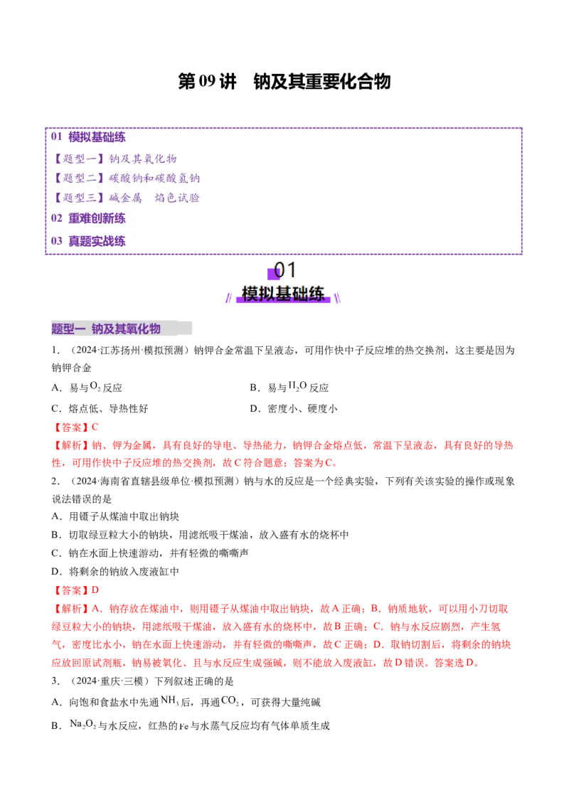 第01讲钠及其重要化合物（练习）（解析版）_05高考化学_2025年新高考资料_一轮复习_2025年高考化学一轮复习讲练测（新教材新高考）_第三章金属及其化合物