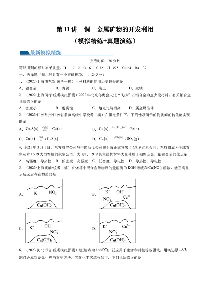 第11讲铜金属矿物的开发利用（练习）（原卷版）_05高考化学_2024年新高考资料_1.2024一轮复习_2024年高考化学一轮复习讲练测（新教材新高考）