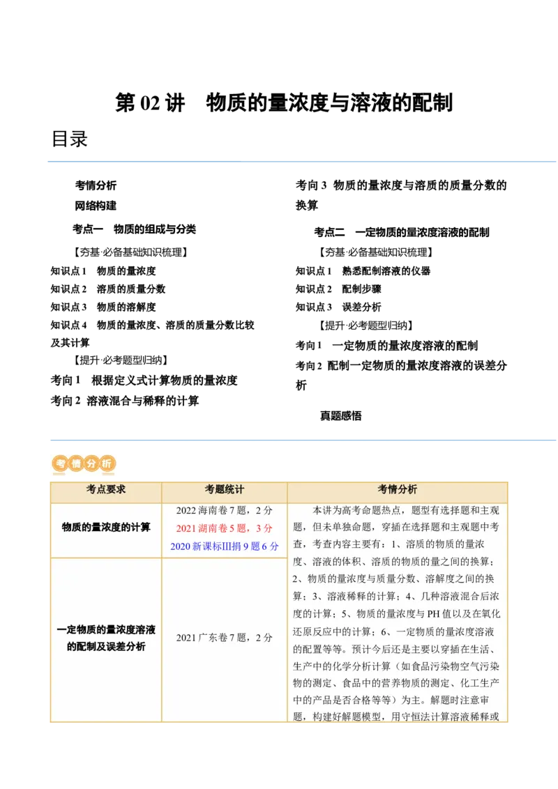 第02讲物质的量浓度与溶液的配制（讲义）（解析版）_05高考化学_2024年新高考资料_1.2024一轮复习_2024年高考化学一轮复习讲练测（新教材新高考）