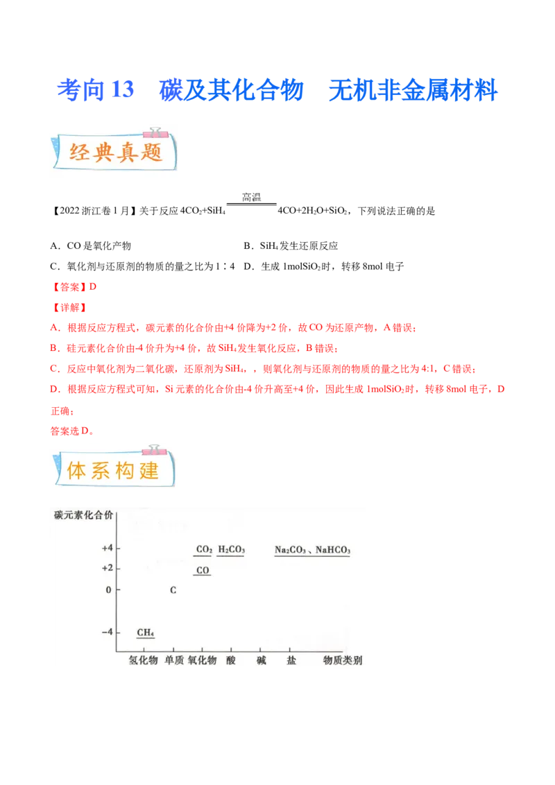 考向13碳及其化合物无机非金属材料-备战2023年高考化学一轮复习考点微专题（新高考地区专用）_05高考化学_新高考复习资料_2023年新高考资料_一轮复习