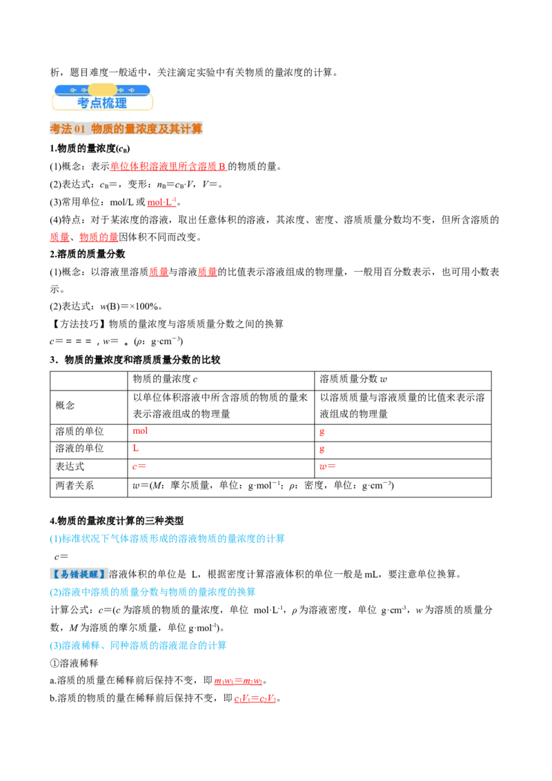 考点07物质的量浓度（核心考点精讲精练）-备战2025年高考化学一轮复习考点帮（新高考通用）（解析版）_05高考化学_2025年新高考资料_一轮复习_备战2025年高考化学一轮复习考点帮