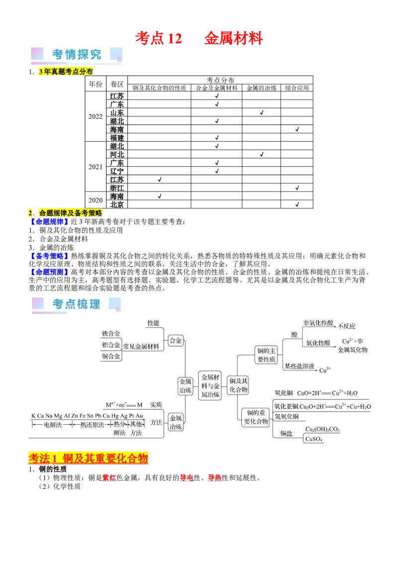 考点12金属材料（核心考点精讲精练）-备战2024年高考化学一轮复习考点帮（新高考专用）（教师版）_05高考化学_新高考复习资料_2024年新高考资料_一轮复习资料_第3章金属及其化合物