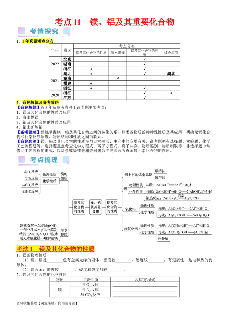 考点11镁、铝及其重要化合物（核心考点精讲精练）-备战2024年高考化学一轮复习考点帮（新高考专用）（学生版）_05高考化学_新高考复习资料_2024年新高考资料_一轮复习资料