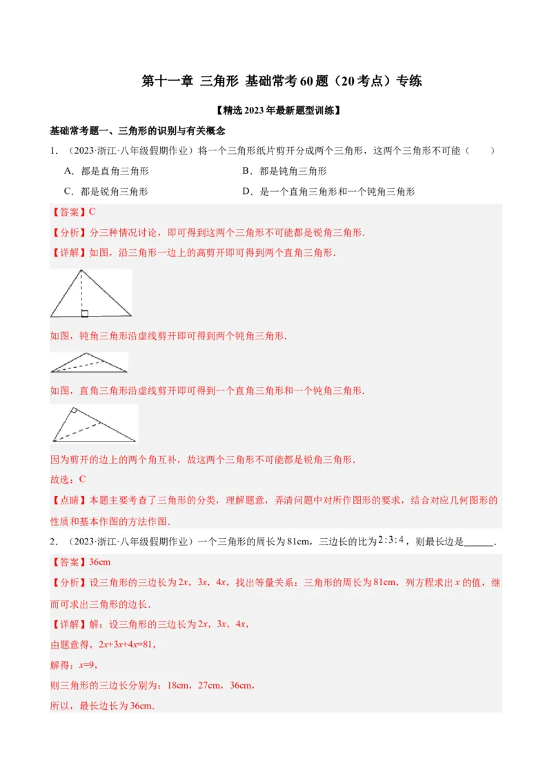 第十一章三角形基础常考60题（20个考点）专练（教师版）_初中数学_八年级数学上册（人教版）_重难点专题提升-V7_2024版