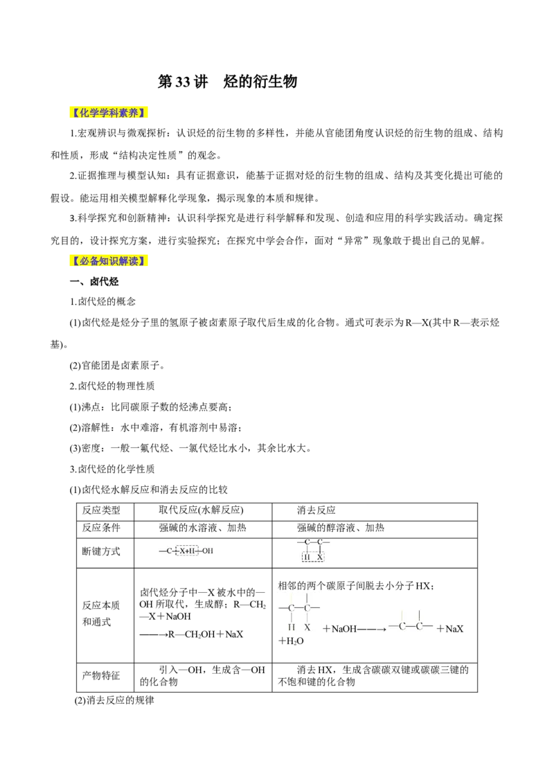 第33讲烃的衍生物（讲）-2024年高考化学大一轮复习精讲精练+专题讲座（原卷版）_05高考化学_2024年新高考资料_1.2024一轮复习_2024年高考化学大一轮复习精讲精练+专题讲座