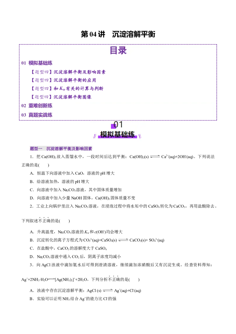 第04讲沉淀溶解平衡(练习)(原卷版)_05高考化学_2025年新高考资料_一轮复习_2025年高考化学一轮复习讲练测（新教材新高考）_第八章水溶液中的离子反应与平衡