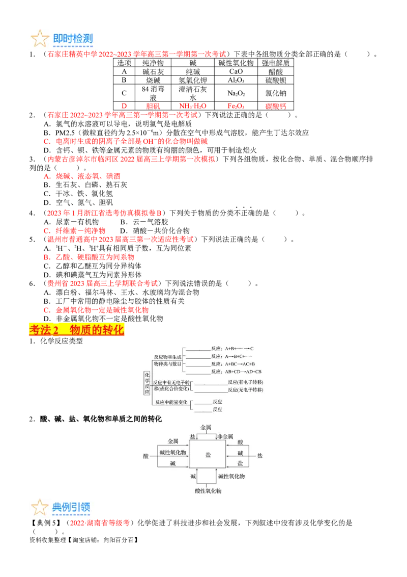 考点01物质的分类及转化（核心考点精讲精练）-备战2024年高考化学一轮复习考点帮（新高考专用）（学生版）_05高考化学_新高考复习资料_2024年新高考资料_一轮复习资料