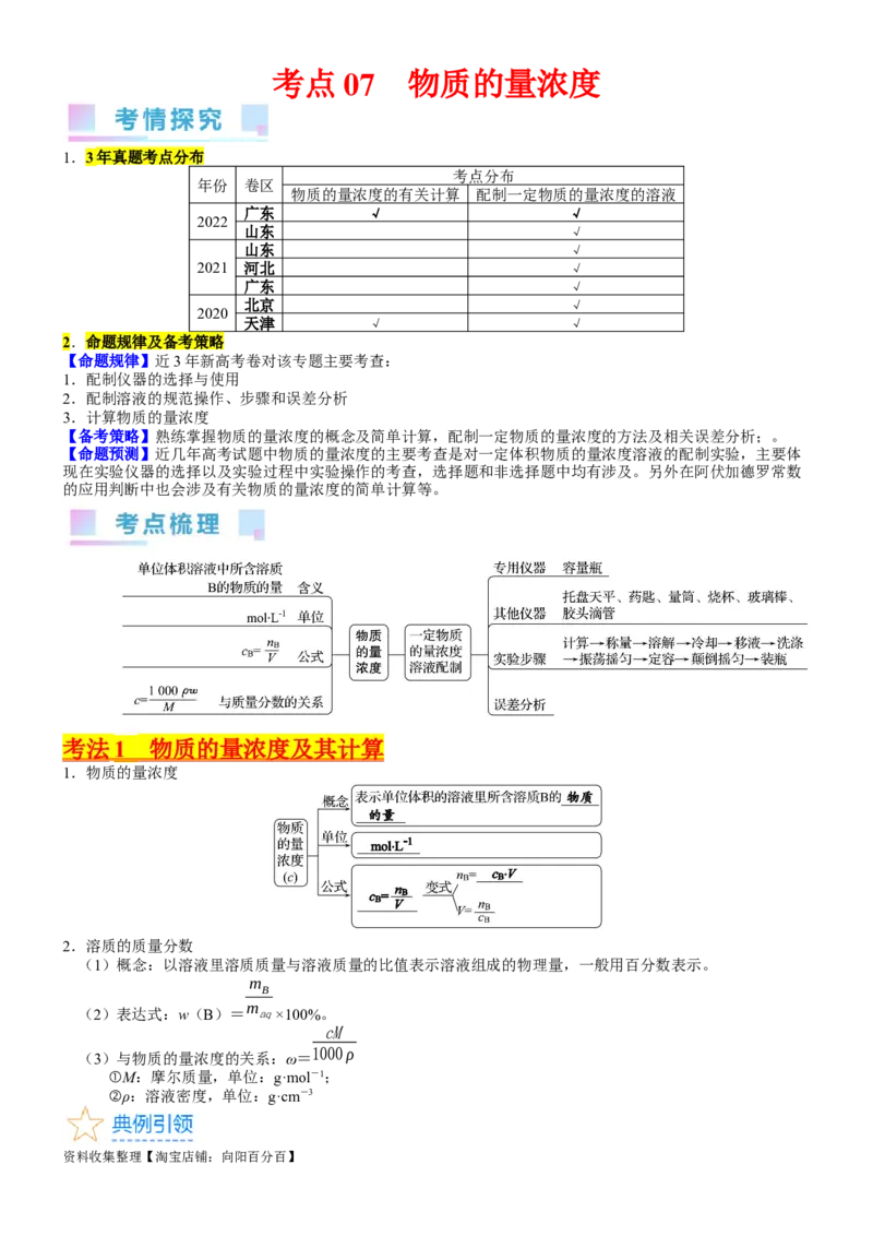 考点07物质的量浓度（核心考点精讲精练）-备战2024年高考化学一轮复习考点帮（新高考专用）（教师版）_05高考化学_新高考复习资料_2024年新高考资料_一轮复习资料_第2章物质的量