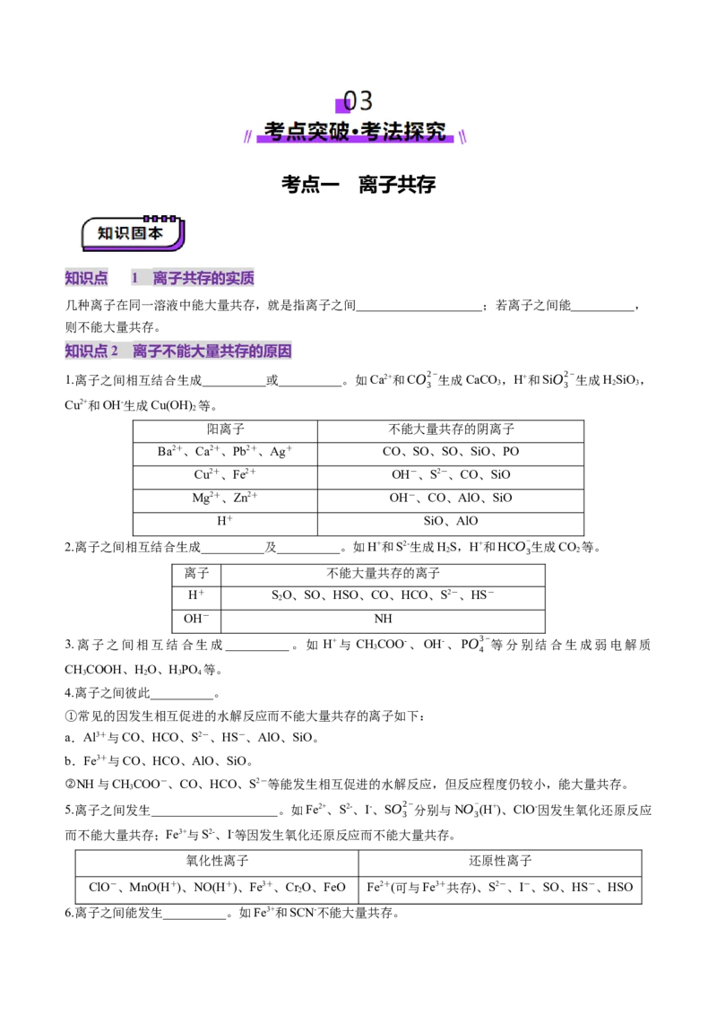 第03讲离子共存、离子的检验与推断（讲义）（原卷版）_05高考化学_2025年新高考资料_一轮复习_2025年高考化学一轮复习讲练测（新教材新高考）_第一章物质及其变化