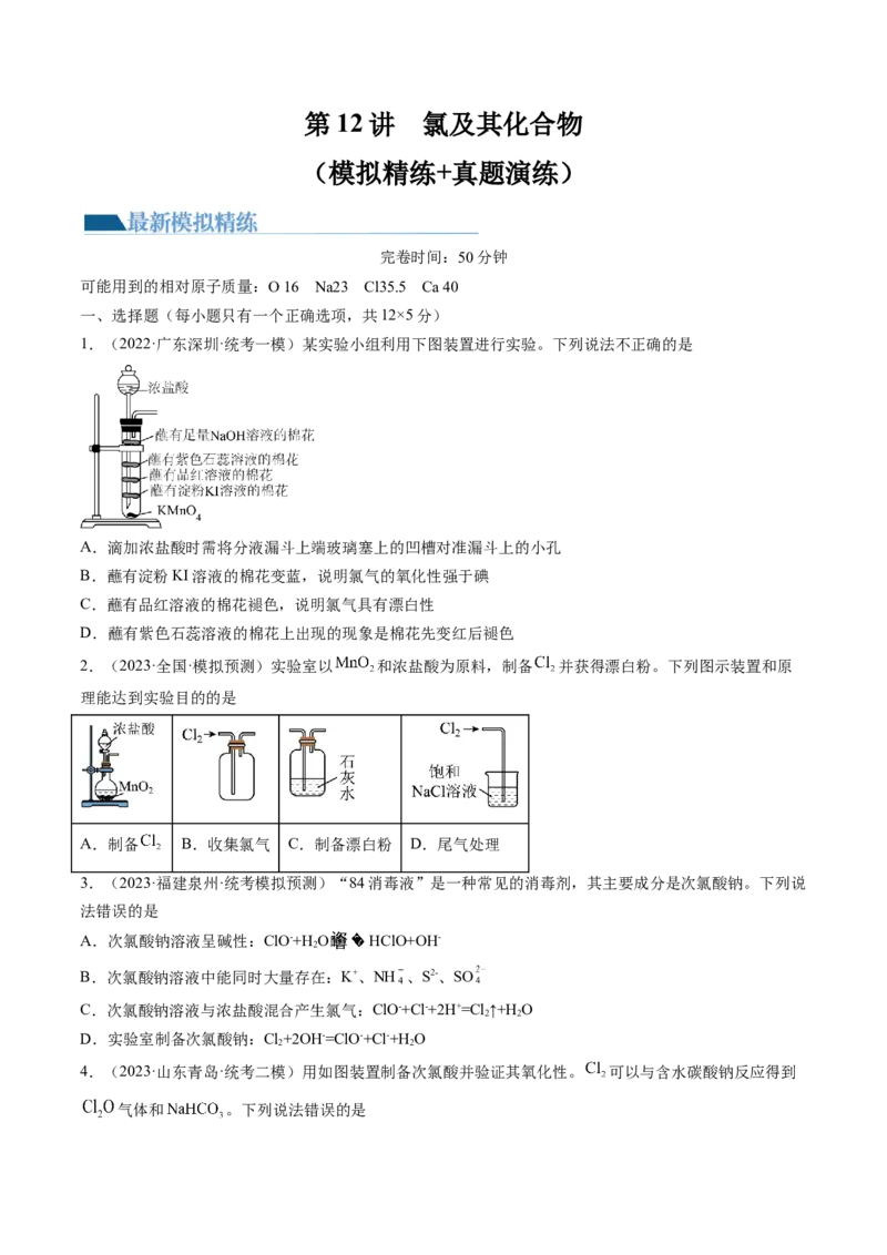 第12讲氯及其化合物（练习）（原卷版）_05高考化学_2024年新高考资料_1.2024一轮复习_2024年高考化学一轮复习讲练测（新教材新高考）
