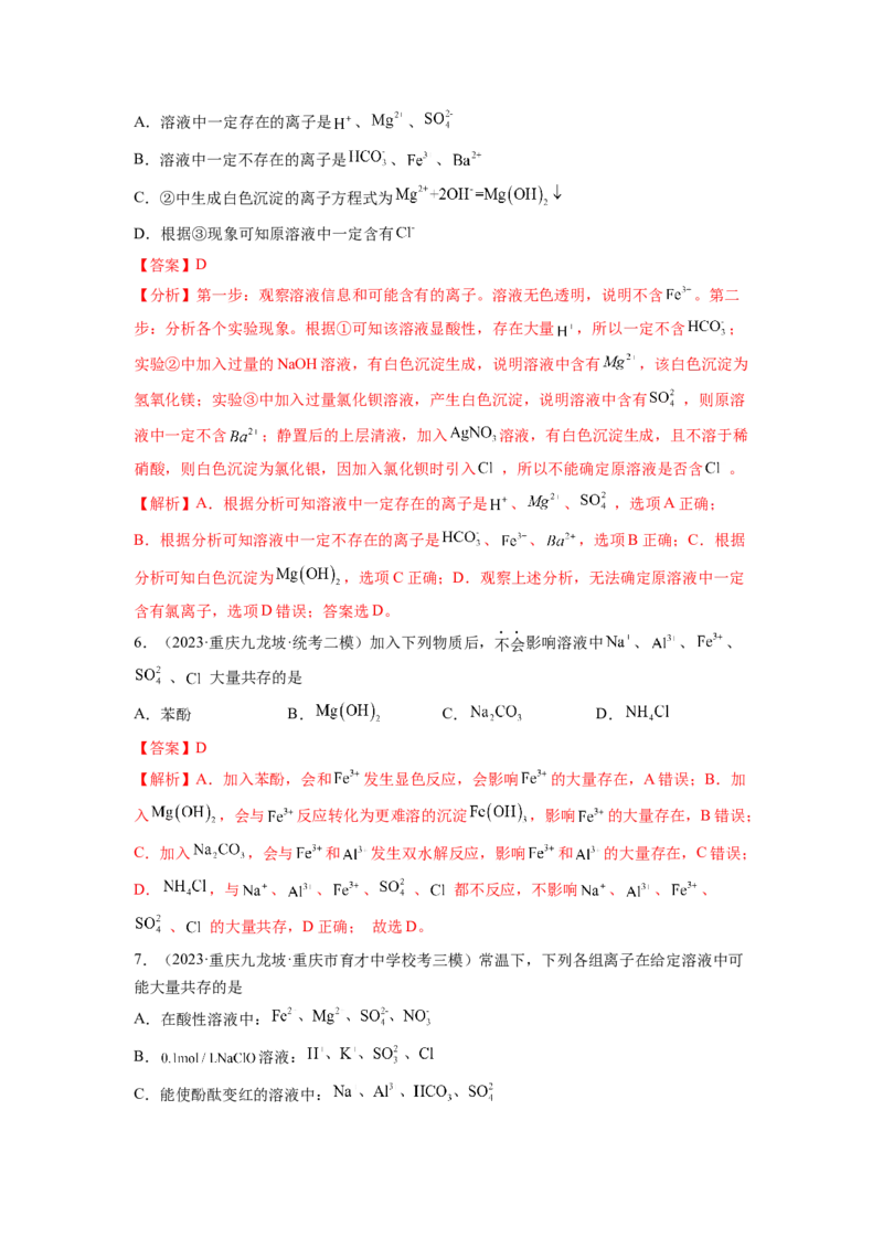 第06讲离子共存、离子的检验与推断（练习）（解析版）_05高考化学_新高考复习资料_2024年新高考资料_一轮复习资料_完2024年高考化学一轮复习讲练测(课件+讲义+练习)（新高考）