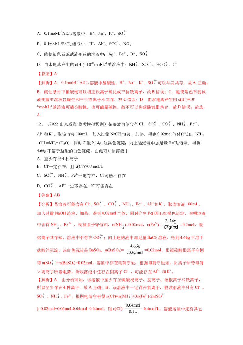 第06讲离子共存、离子的检验与推断（练习）（解析版）_05高考化学_新高考复习资料_2024年新高考资料_一轮复习资料_完2024年高考化学一轮复习讲练测(课件+讲义+练习)（新高考）