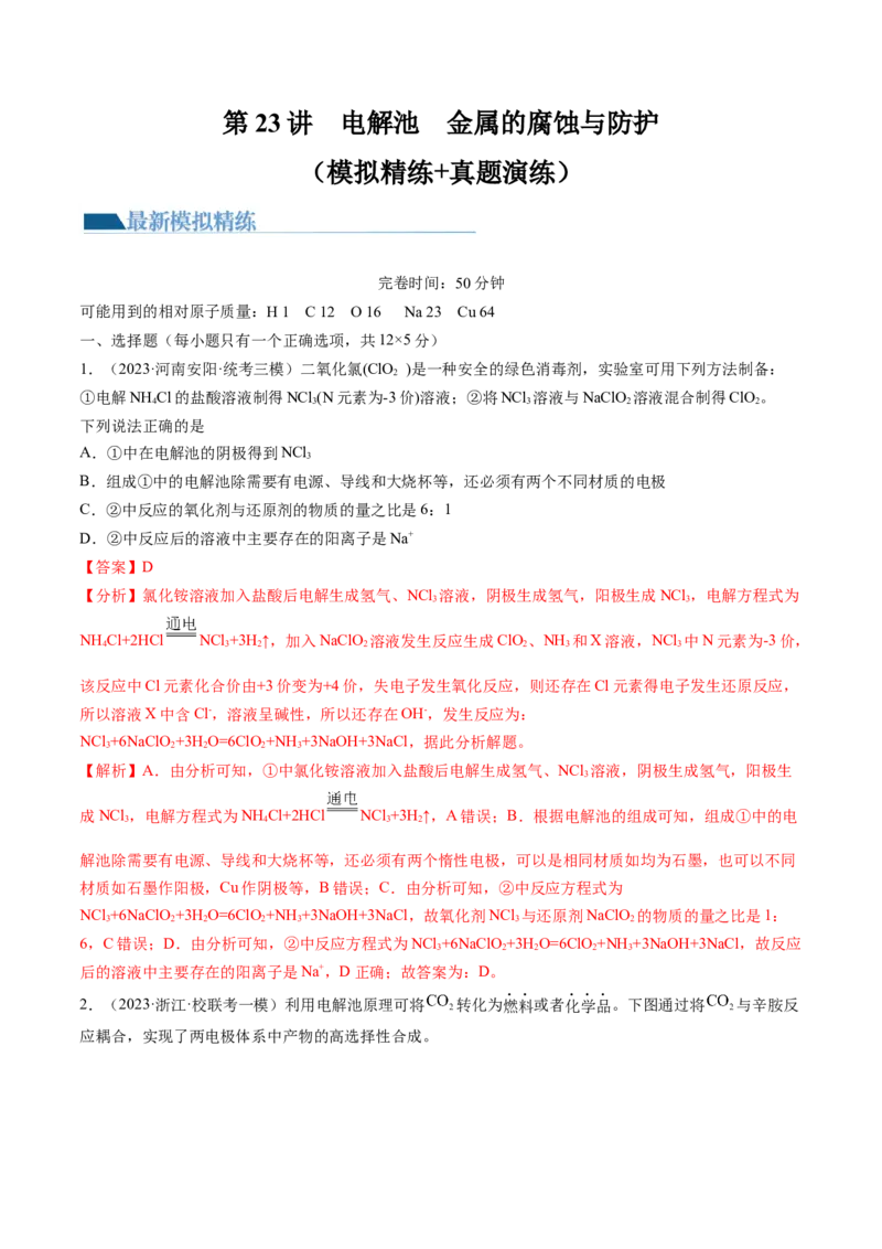 第23讲电解池金属的腐蚀与防护（练习）（解析版）_05高考化学_2024年新高考资料_1.2024一轮复习_2024年高考化学一轮复习讲练测（新教材新高考）_第23讲电解池金属的腐蚀与防护（练习）