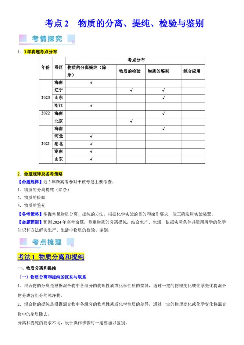 考点2物质的分离、提纯、检验与鉴别（核心考点精讲精练（原卷版）_05高考化学_新高考复习资料_2024年新高考资料_一轮复习资料_第10章化学实验基础与探究