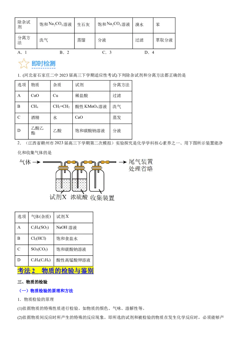考点2物质的分离、提纯、检验与鉴别（核心考点精讲精练（原卷版）_05高考化学_新高考复习资料_2024年新高考资料_一轮复习资料_第10章化学实验基础与探究