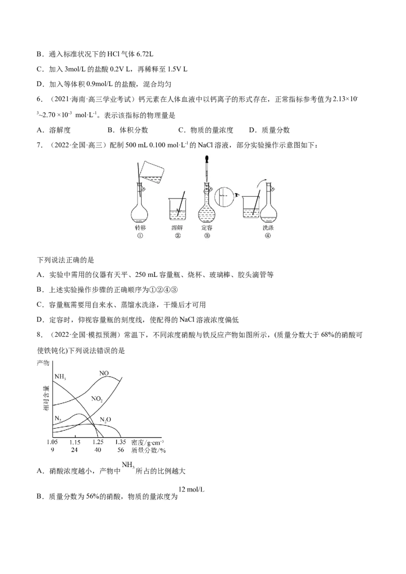 第02讲物质的量浓度与溶液的配制（练）-2023年高考化学一轮复习讲练测（全国通用）（原卷版）_05高考化学_通用版（老高考）复习资料_2023年复习资料_一轮复习