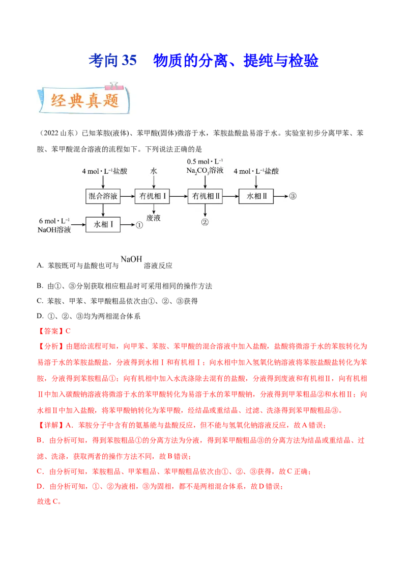 考向35物质的分离、提纯与检验-备战2023年高考化学一轮复习考点微专题（新高考地区专用）_05高考化学_新高考复习资料_2023年新高考资料_一轮复习