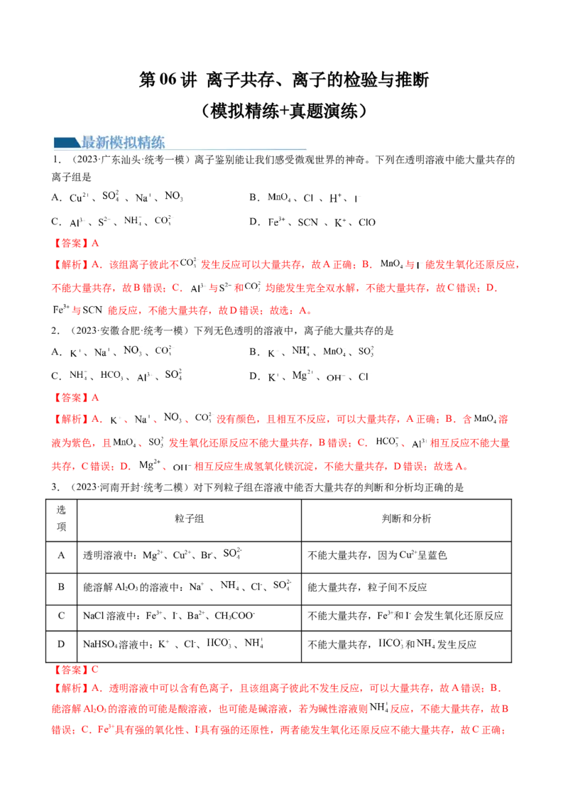 第06讲离子共存、离子的检验与推断（练习）（解析版）_05高考化学_2024年新高考资料_1.2024一轮复习_2024年高考化学一轮复习讲练测（新教材新高考）