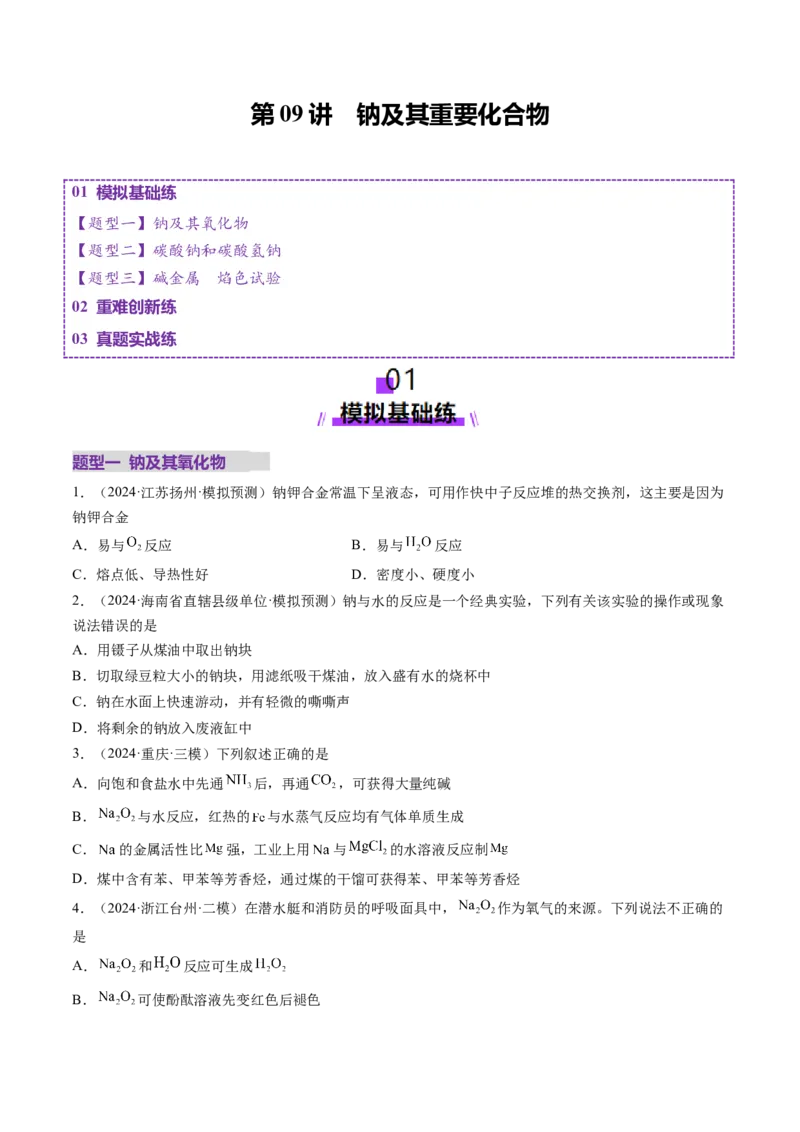 第01讲钠及其重要化合物（练习）（原卷版）_05高考化学_2025年新高考资料_一轮复习_2025年高考化学一轮复习讲练测（新教材新高考）_第三章金属及其化合物
