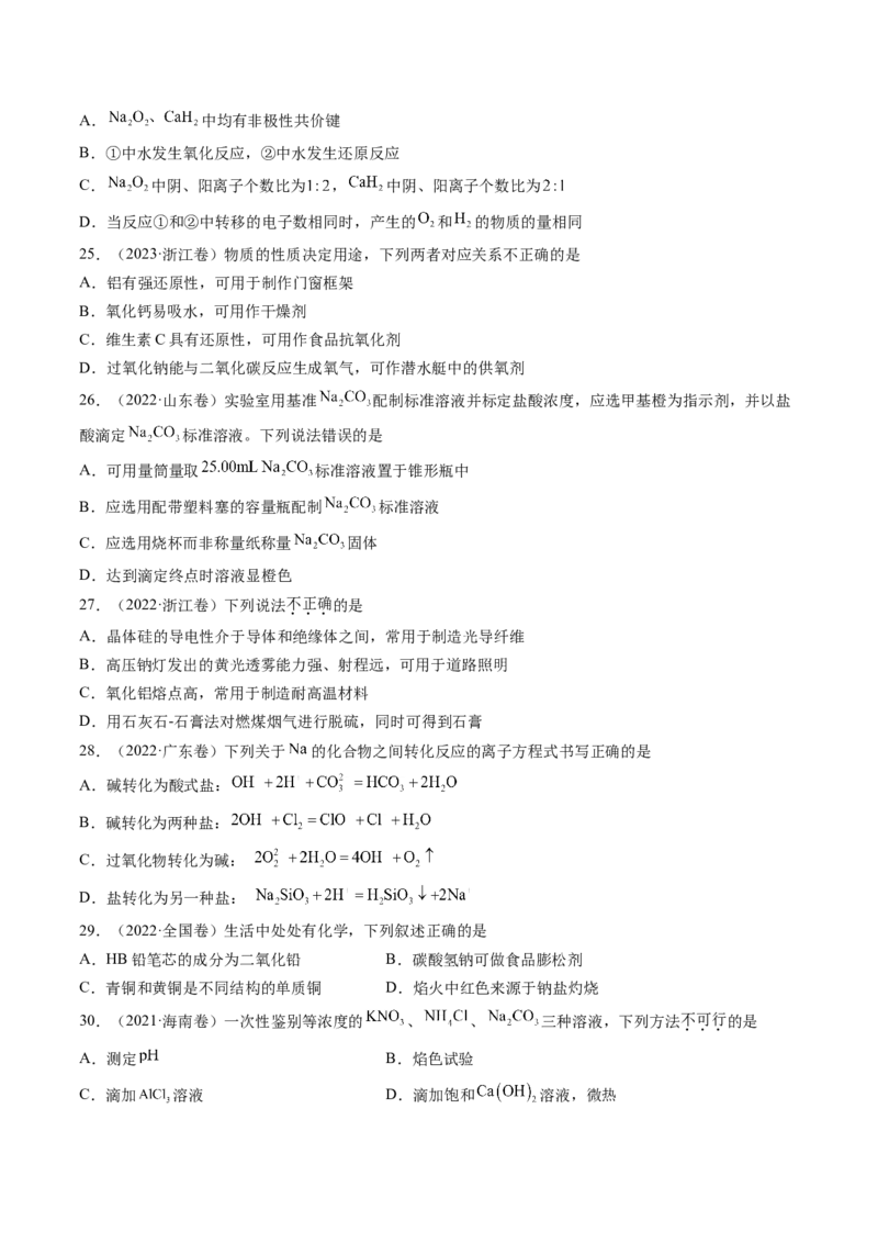 第01讲钠及其重要化合物（练习）（原卷版）_05高考化学_2025年新高考资料_一轮复习_2025年高考化学一轮复习讲练测（新教材新高考）_第三章金属及其化合物