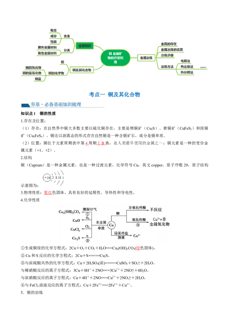 第11讲铜金属矿物的开发利用（讲义）（解析版）_05高考化学_新高考复习资料_2024年新高考资料_一轮复习资料_完2024年高考化学一轮复习讲练测(课件+讲义+练习)（新高考）_讲义+练习