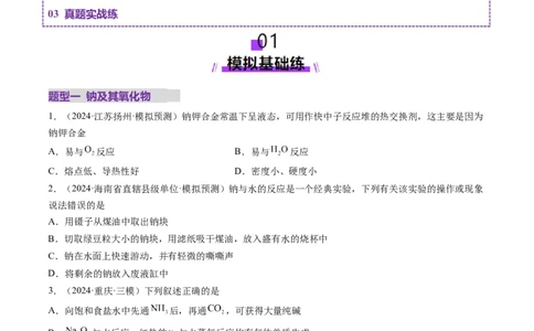 第01讲钠及其重要化合物（练习）（原卷版）_05高考化学_新高考复习资料_2025年新高考资料_上好课2025年高考化学一轮复习讲练测（新教材新高考）_第三章金属及其化合物