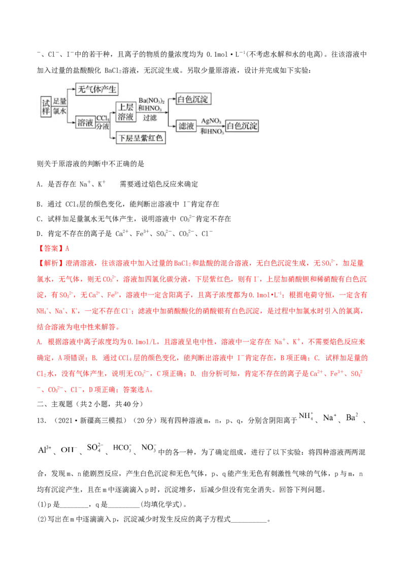 第05讲离子共存　离子的检验和推断（精练）-2022年一轮复习讲练测（解析版）_05高考化学_新高考复习资料_2022年新高考资料_2022年高考化学一轮复习讲练测
