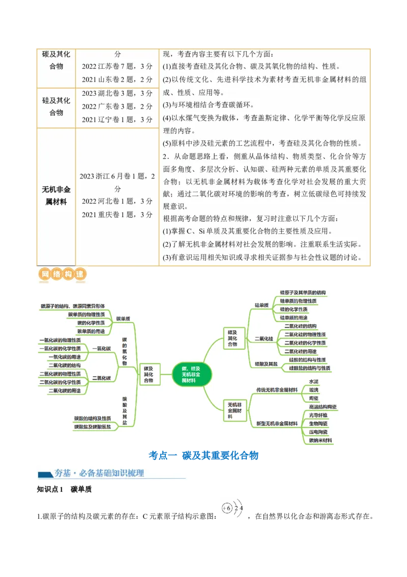 第15讲碳、硅及无机非金属材料（讲义）（原卷版）_05高考化学_新高考复习资料_2024年新高考资料_一轮复习资料_完2024年高考化学一轮复习讲练测(课件+讲义+练习)（新高考）