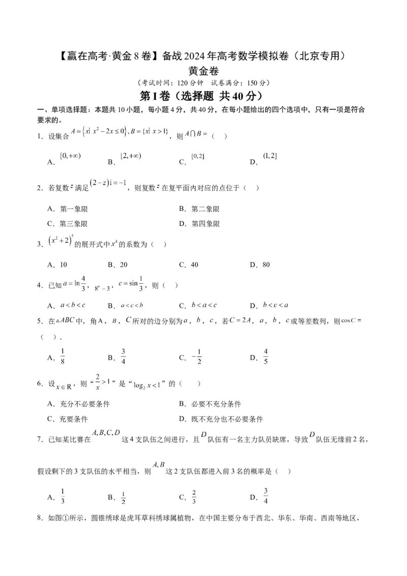黄金卷-赢在高考&middot;黄金8卷备战2024年高考数学模拟卷（北京专用）（考试版）_2.2025数学总复习_2024年新高考资料_4.2024高考模拟预测试卷_802