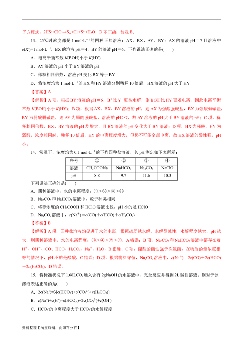 考点28盐类的水解(好题冲关)(解析版)_05高考化学_通用版（老高考）复习资料_2024年复习资料_完备战2024年高考化学一轮复习考点帮（全国通用）
