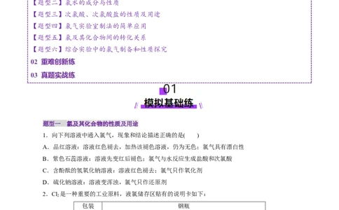 第01讲氯及其重要化合物(练习)(原卷版)_05高考化学_2025年新高考资料_一轮复习_2025年高考化学一轮复习讲练测（新教材新高考）_第四章非金属及其化合物