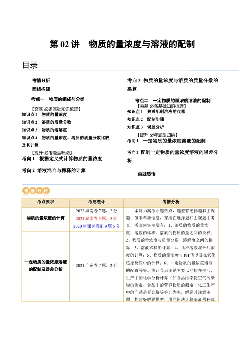 第02讲物质的量浓度与溶液的配制（讲义）（原卷版）_05高考化学_2024年新高考资料_1.2024一轮复习_2024年高考化学一轮复习讲练测（新教材新高考）