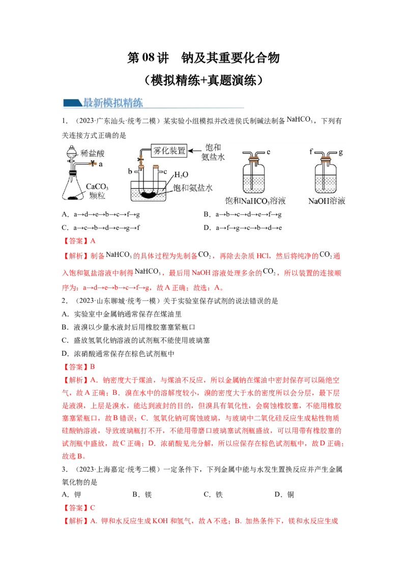 第08讲钠及其重要化合物（练习）（解析版）_05高考化学_新高考复习资料_2024年新高考资料_一轮复习资料_完2024年高考化学一轮复习讲练测(课件+讲义+练习)（新高考）_讲义+练习
