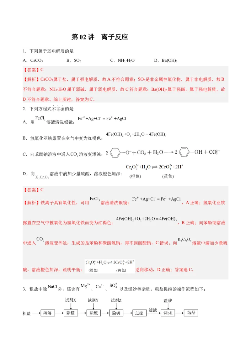 第02讲离子反应（练）-2024年高考化学大一轮复习精讲精练+专题讲座（解析版）_05高考化学_2024年新高考资料_1.2024一轮复习_2024年高考化学大一轮复习精讲精练+专题讲座